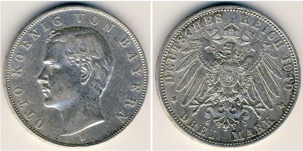 3 Mark Regno di Baviera (1806 - 1918) Argento Ottone di Baviera(1848 – 1916)