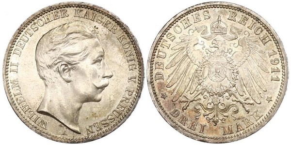 3 Mark Regno di Prussia (1701-1918) Argento Wilhelm II, German Emperor (1859-1941)
