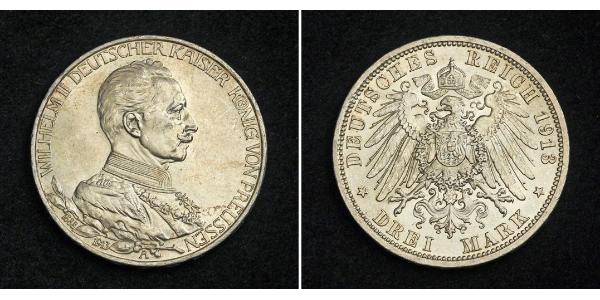 3 Mark Regno di Prussia (1701-1918) Argento Wilhelm II, German Emperor (1859-1941)