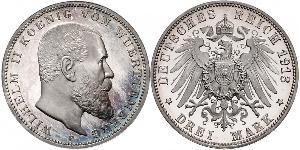 3 Mark Regno di Württemberg (1806-1918) Argento Wilhelm II, German Emperor (1859-1941)