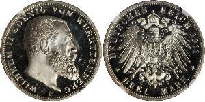 3 Mark Regno di Württemberg (1806-1918) Argento Wilhelm II, German Emperor (1859-1941)