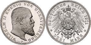 3 Mark Regno di Württemberg (1806-1918) Argento Wilhelm II, German Emperor (1859-1941)