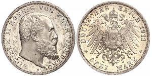 3 Mark Regno di Württemberg (1806-1918) Argento Wilhelm II, German Emperor (1859-1941)