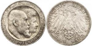 3 Mark Regno di Württemberg (1806-1918) Argento Wilhelm II, German Emperor (1859-1941)