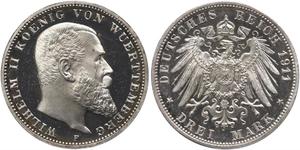 3 Mark Regno di Württemberg (1806-1918) Argento Wilhelm II, German Emperor (1859-1941)