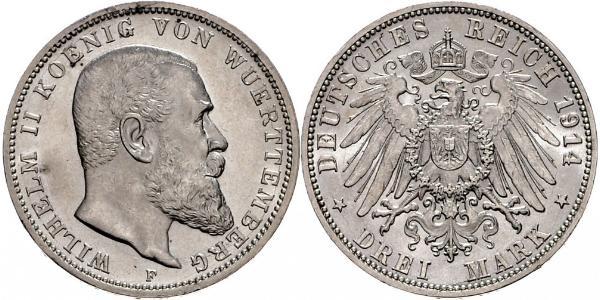 3 Mark Regno di Württemberg (1806-1918) Argento Wilhelm II, German Emperor (1859-1941)
