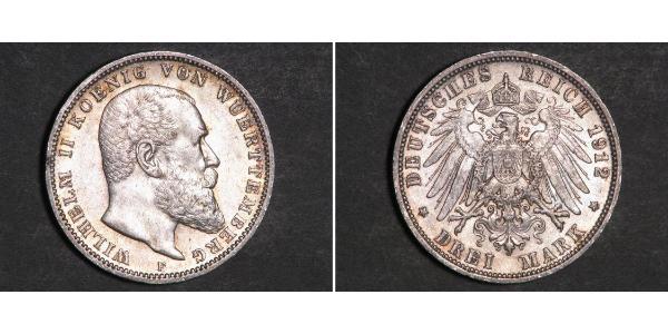 3 Mark Regno di Württemberg (1806-1918) Argento Wilhelm II, German Emperor (1859-1941)