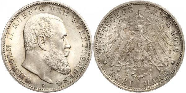 3 Mark Regno di Württemberg (1806-1918) Argento Wilhelm II, German Emperor (1859-1941)