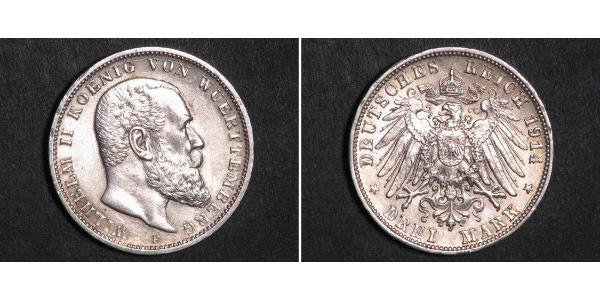 3 Mark Regno di Württemberg (1806-1918) Argento Wilhelm II, German Emperor (1859-1941)