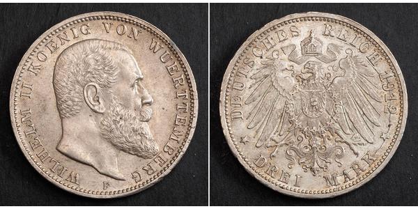 3 Mark Regno di Württemberg (1806-1918) Argento Wilhelm II, German Emperor (1859-1941)