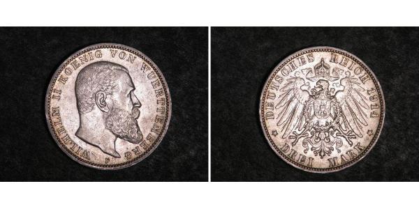 3 Mark Regno di Württemberg (1806-1918) Argento Wilhelm II, German Emperor (1859-1941)