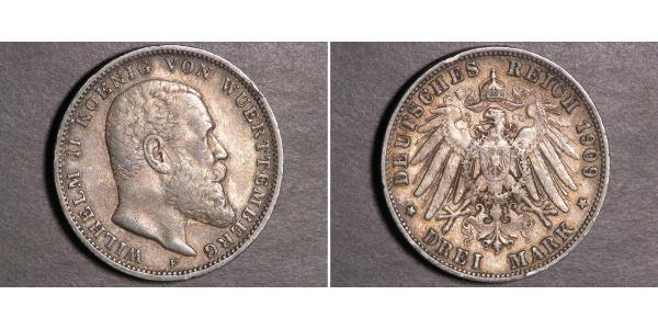 3 Mark Regno di Württemberg (1806-1918) Argento Wilhelm II, German Emperor (1859-1941)
