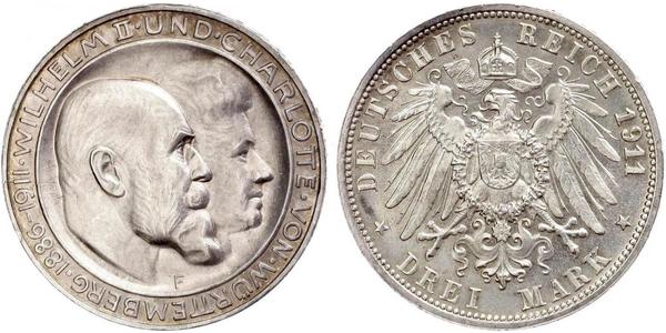 3 Mark Regno di Württemberg (1806-1918) Argento Wilhelm II, German Emperor (1859-1941)