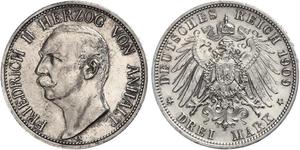 3 Mark Anhalt-Dessau (1603 -1863) Plata Federico II de Anhalt(1856 – 1918)