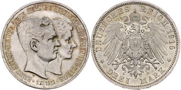 3 Mark Ducado de Brunswick (1815 - 1918) Plata Ernesto Augusto III de Hannover (1887 - 1953)