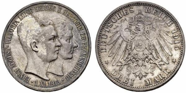 3 Mark Ducado de Brunswick (1815 - 1918) Plata Ernesto Augusto III de Hannover (1887 - 1953)