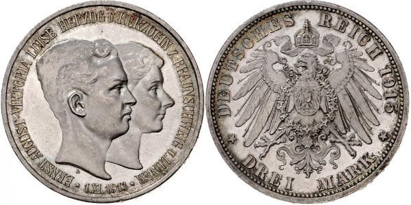 3 Mark Ducado de Brunswick (1815 - 1918) Plata Ernesto Augusto III de Hannover (1887 - 1953)