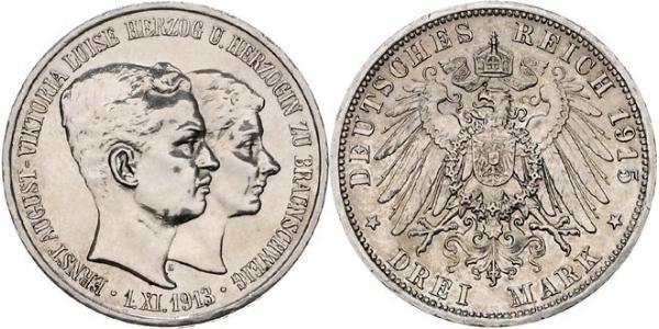 3 Mark Ducado de Brunswick (1815 - 1918) Plata Ernesto Augusto III de Hannover (1887 - 1953)