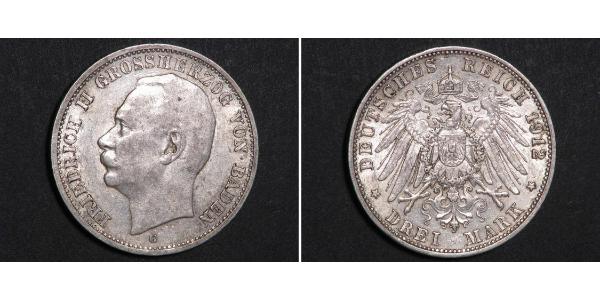 3 Mark Gran Ducado de Baden (1806-1918) Plata Federico II de Baden (1857 - 1928)