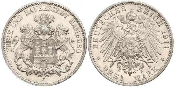 3 Mark Hamburgo / States of Germany Plata 