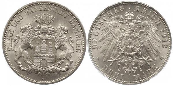 3 Mark Hamburgo / States of Germany Plata 