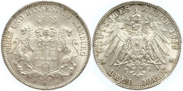 3 Mark Hamburgo / States of Germany Plata 