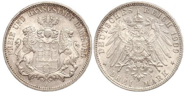 3 Mark Hamburgo / States of Germany Plata 