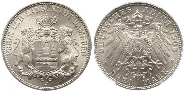 3 Mark Hamburgo / States of Germany Plata 