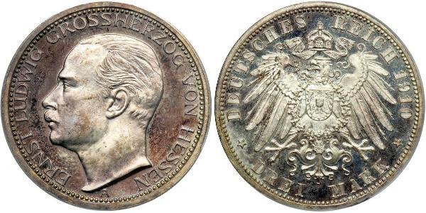 3 Mark Hesse-Darmstadt (1806 - 1918) Plata Ernesto Luis de Hesse-Darmstadt (1868 - 1937)