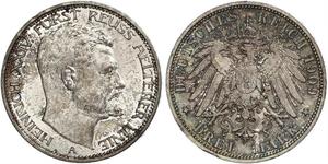 3 Mark Principado de Reuss (línea mayor) (1778 - 1918) Plata Enrique XXIV de Reuss-Greiz