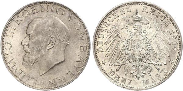 3 Mark Reino de Baviera (1806 - 1918) Plata Luis III de Baviera (1845 – 1921)