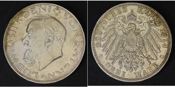 3 Mark Reino de Baviera (1806 - 1918) Plata Luis III de Baviera (1845 – 1921)