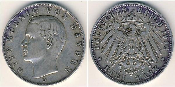 3 Mark Reino de Baviera (1806 - 1918) Plata Otón I de Baviera(1848 – 1916)