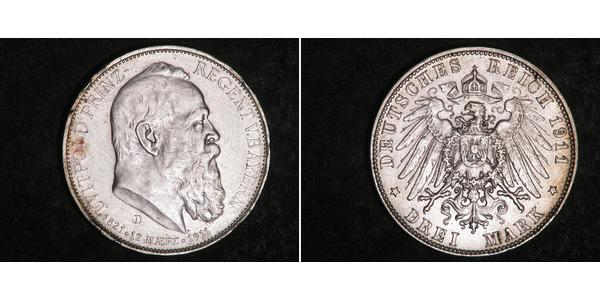 3 Mark Reino de Baviera (1806 - 1918) Plata Otón I de Baviera(1848 – 1916)