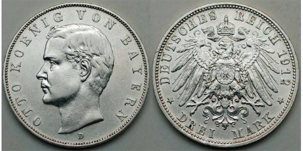 3 Mark Reino de Baviera (1806 - 1918) Plata Otón I de Baviera(1848 – 1916)