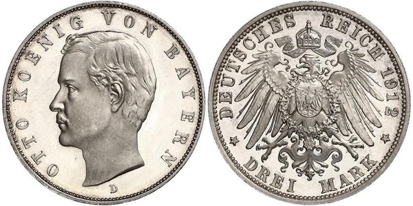 3 Mark Reino de Baviera (1806 - 1918) Plata Otón I de Baviera(1848 – 1916)