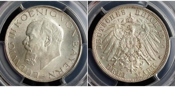 3 Mark Reino de Baviera (1806 - 1918) Plata Luis III de Baviera (1845 – 1921)