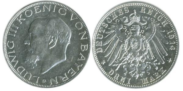 3 Mark Reino de Baviera (1806 - 1918) Plata Luis III de Baviera (1845 – 1921)