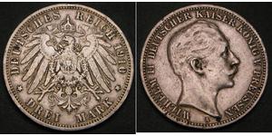 3 Mark Reino de Prusia (1701-1918) Plata Wilhelm II, German Emperor (1859-1941)