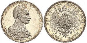 3 Mark Reino de Prusia (1701-1918) Plata Wilhelm II, German Emperor (1859-1941)