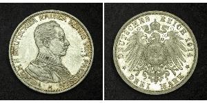 3 Mark Reino de Prusia (1701-1918) Plata Wilhelm II, German Emperor (1859-1941)