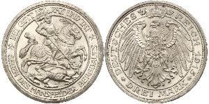 3 Mark Reino de Prusia (1701-1918) Plata Wilhelm II, German Emperor (1859-1941)