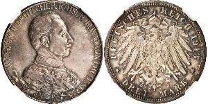 3 Mark Reino de Prusia (1701-1918) Plata Wilhelm II, German Emperor (1859-1941)