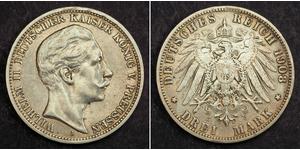 3 Mark Reino de Prusia (1701-1918) Plata Wilhelm II, German Emperor (1859-1941)