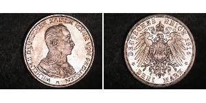 3 Mark Reino de Prusia (1701-1918) Plata Wilhelm II, German Emperor (1859-1941)