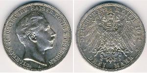 3 Mark Reino de Prusia (1701-1918) Plata Wilhelm II, German Emperor (1859-1941)