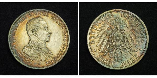 3 Mark Reino de Prusia (1701-1918) Plata Wilhelm II, German Emperor (1859-1941)