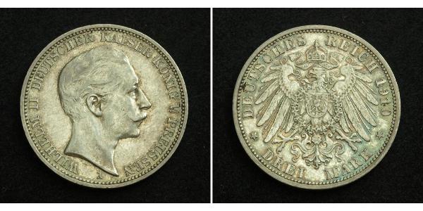 3 Mark Reino de Prusia (1701-1918) Plata Wilhelm II, German Emperor (1859-1941)