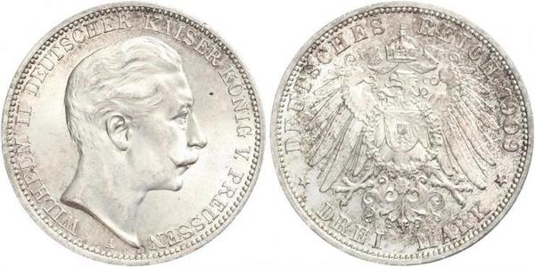 3 Mark Reino de Prusia (1701-1918) Plata Wilhelm II, German Emperor (1859-1941)