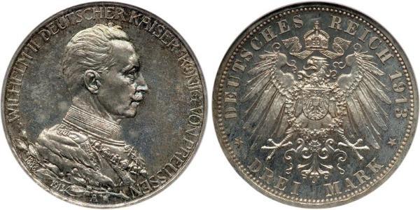 3 Mark Reino de Prusia (1701-1918) Plata Wilhelm II, German Emperor (1859-1941)